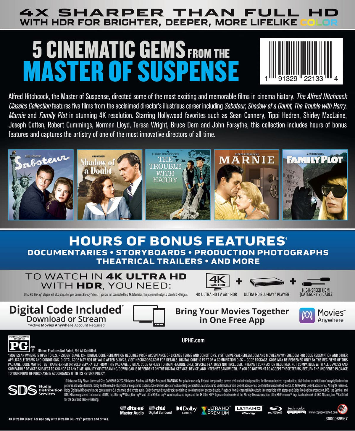 The Alfred Hitchcock Classics Collection (Saboteur / Shadow of a Doubt / The Trouble with Harry / Marnie / Family Plot) - 4K Ultra HD + Blu-ray + Digital [4K UHD]